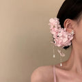 Pink Fabric Hydrangea Pearl Tassel Duckbill Hair Clip view 3