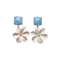 Blue Square and White Flower Drop Stud Earrings With Gold Tone Centers view 5