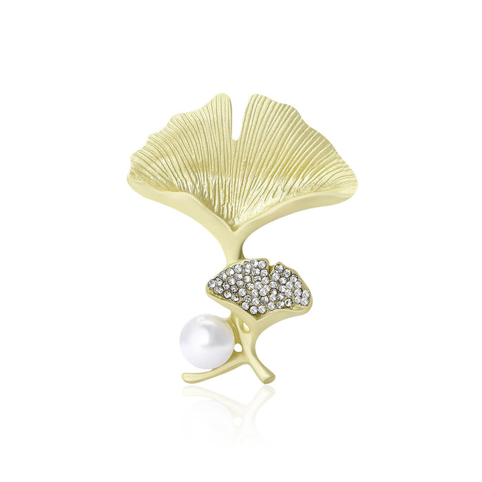 Matte Gold Ginkgo Leaf Brooch Rhinestone Accent White Pearl Pin