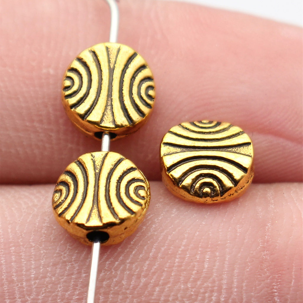 7.8x7.8x3.6mm 0.71g Antique Gold Zinc Alloy Arc Texture Round Flat Loose Metal Beads for Jewelry Making