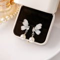 Silver and Pink Butterfly Pearl Look Dangle Stud Earrings view 6