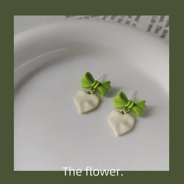 Green Enamel Bow Cream Heart Drop Stud Earrings Pair