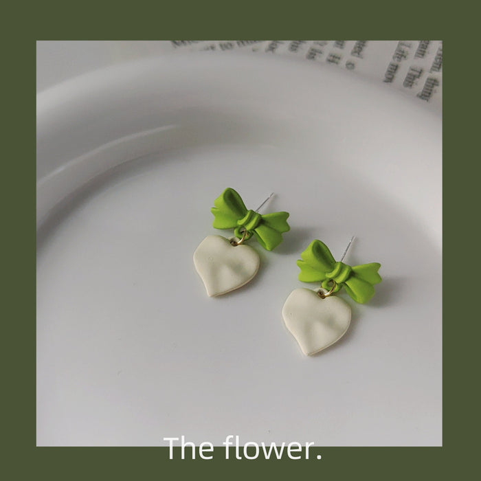 Green Enamel Bow Cream Heart Drop Stud Earrings Pair