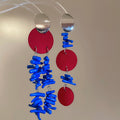 Red and Blue Wooden Flower Long Drop Earrings in Silver Tone view 6