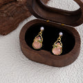 Pink Gourd Green Leaf Pearl Look Dangle Stud Earrings view 3