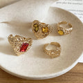 Gold Textured Heart Open Ring Four Piece Red Amber Set view 6