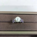 Silver Pearl CZ Leaf Necklace and Open Ring White Purple view 7