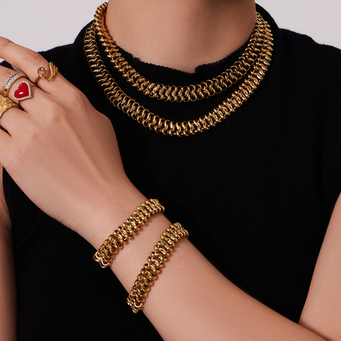 Woven Cuban Chain Necklace Bracelet Set Gold Steel