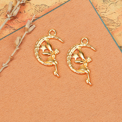 moon and angel charms in reverse and side view