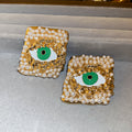 Gold Tone Pearl Framed Green Eye Stud Earrings Fashion Jewelry view 6