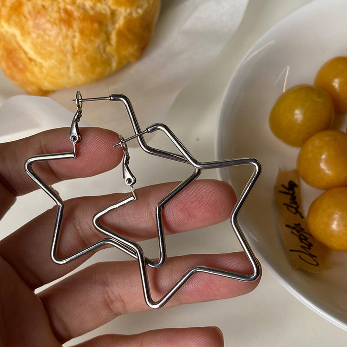 Silver Tone Open Star Hoop Earrings With Oversized Outline Shape