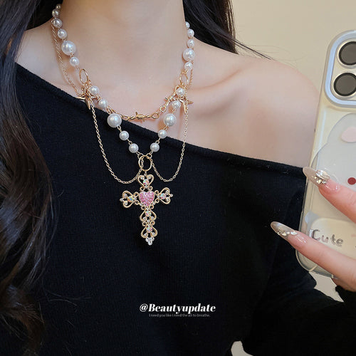 Crystal Cross Pearl Layered Necklace shown in the primary product view