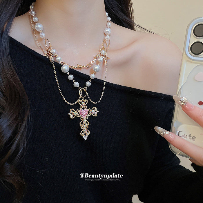 Crystal Cross Pearl Layered Necklace Fashion Jewelry