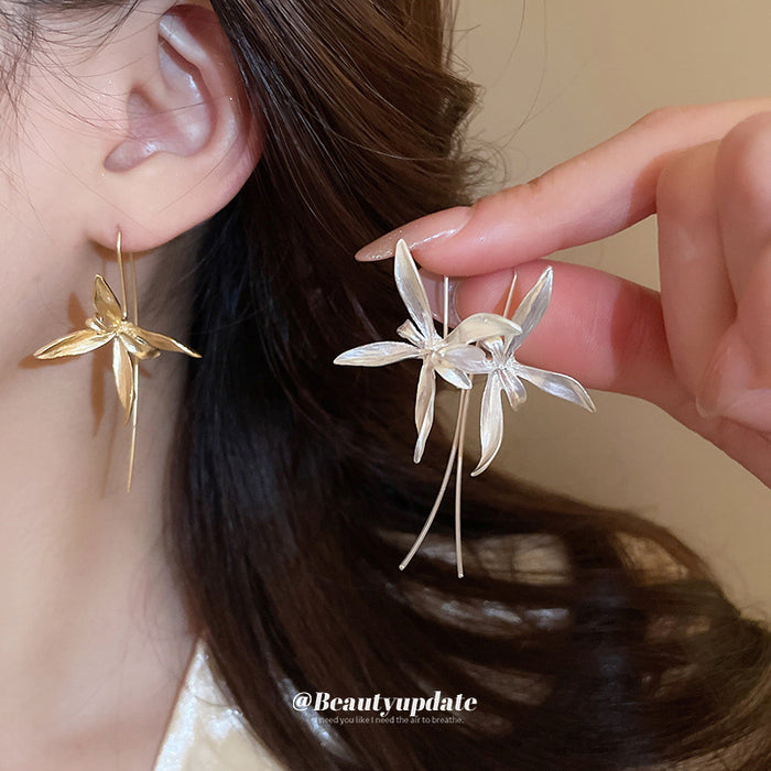 Iris Flower Long Stem Hook Earrings in Gold and Silver