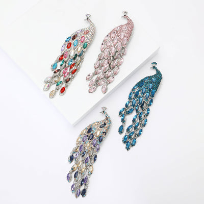 Long Crystal Peacock Brooch in Four Colors displayed from the front