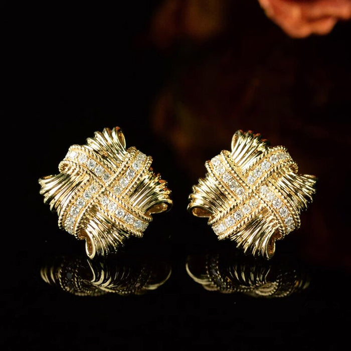 Gold Woven Cross Knot Stud Earrings with Pavé CZ Accents