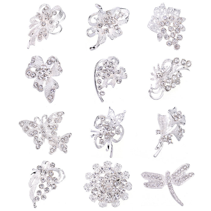 Silver Tone Crystal Floral Assortment Crystal Two Designs Metal Brooch Pin