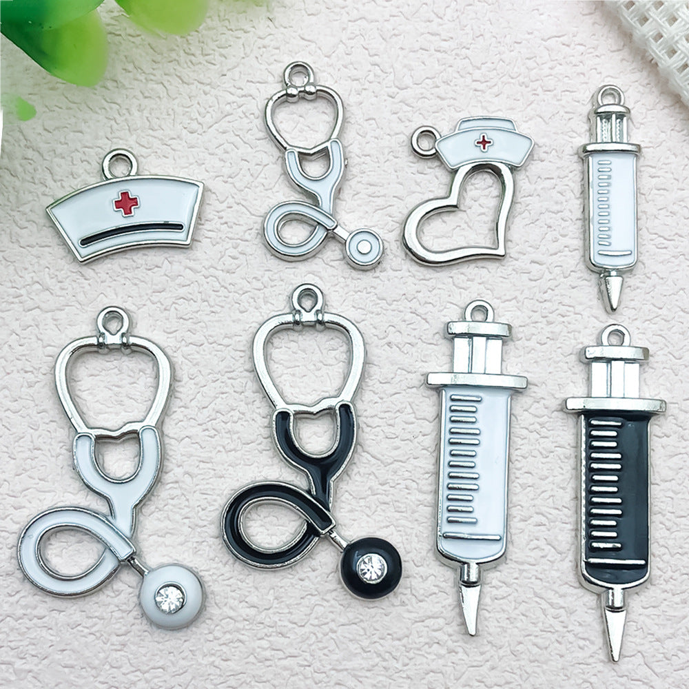 Zinc Alloy Enamel Syringe Stethoscope Nurse Hat Heart Nurse Cap Charm Pendant for DIY Jewelry