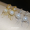 Gold Tone C Hoop Stud Earrings With Pearl And Chain Tassels view 3