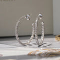 Single-Row Clear Stone Large Oval Hoop Earrings In Silver Tone view 2