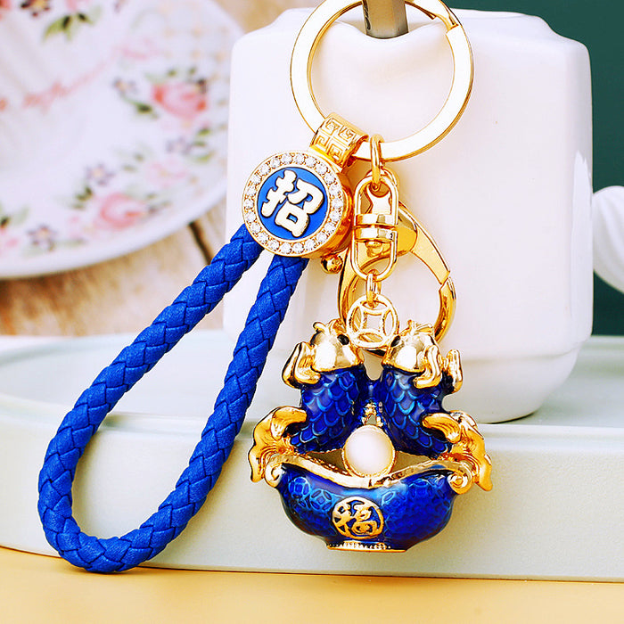 Jeweled Twin Fish Treasure Bowl Keychains with Four Color Options