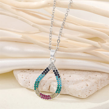 Silver Tone Multicolor Crystal Open Teardrop Pendant Necklace