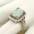 Antique Silver Rectangular Faux Opal Lace Border Ring view 3