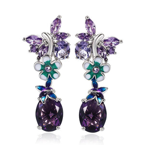 Purple Flower Enamel Oval Drop Earrings Silver Tone