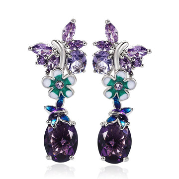 Purple Flower Enamel Oval Drop Earrings Silver Tone