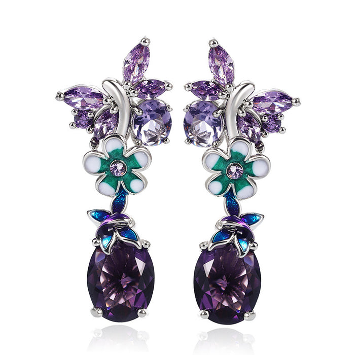 Purple Flower Enamel Oval Drop Earrings Silver Tone