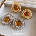 Ridged Round Stud Earrings With Brown Centers in Two Tones view 2