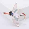 Flying Crane Brooch with Pearl Drop in Black or White Enamel view 3