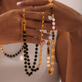 Gold Beaded Necklace Tiger Eye Pearl or Black Bead view 3