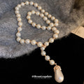 White Pearl Y Drop Necklace Teardrop Pendant Gold Accents view 2