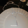 Silver Y-Drop Rhinestone Necklace Matching Drop Earrings Set view 2