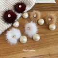 Beige Fuzzy Pom Pom Earrings With Large Pearl Like Drops view 2