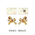 Gold Bow Stud Earrings Wine Enamel Clear and Amber CZ view 3