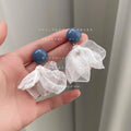 Blue Round Top White Sheer Fabric Petal Drop Stud Earrings view 3