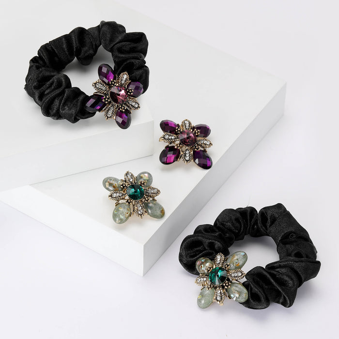 Jeweled Four Petal Flower Brooch and Black Scrunchie Collection