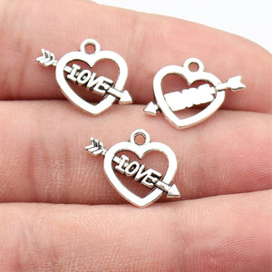Antique Silver LOVE Banner Heart and Arrow Pendant Charm