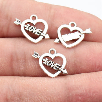 Antique Silver LOVE Banner Heart and Arrow Pendant Charm