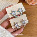 Star Cat Stud Earrings in Pink Blue and Green Enamel view 1