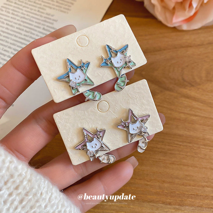 Star Cat Stud Earrings in Pink Blue and Green Enamel