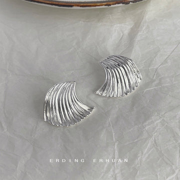 Ribbed Fan Wave Geometric Stud Earrings Gold Silver Pair