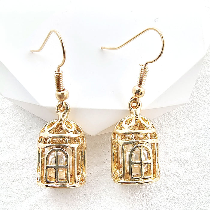 Gold Mini Birdcage Pearl Drop Earrings Hollow Cage Charm