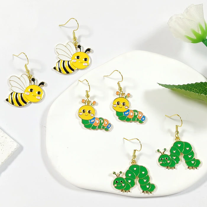Gold Tone Enamel Caterpillar and Honeybee Drop Earrings in Three Designs