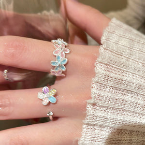 Silver Tone Open Ring With Pastel Enamel Like Flowers