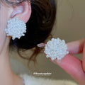 White Beaded Cluster Flower Stud Earrings With Rounded Petals view 1