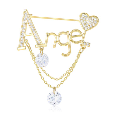 Gold Tone Angel Word brooch With Hearts And Crystal Drop shown in front view on a light background