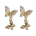 Gold CZ Pave Butterfly Stud Dangle Butterfly Earrings view 5